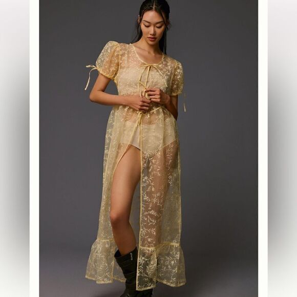 NWT By Anthropologie Sheer Short-Sleeve Organza Maxi Dress Canary Medium - Picture 1 of 14